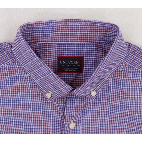 UNTUCKit Tamas Button Down Shirt Men's Medium Pink Blue Plaid Nylon Stretch - Picture 7 of 8
